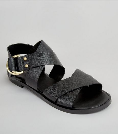 Black Leather Cross Strap D Ring Sandals | New Look