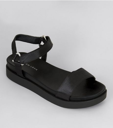 Black Satin Velcro Strap Sandals | New Look
