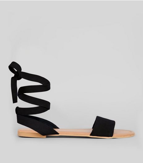 Wide Fit Black Leather Ankle Tie Sandals | New Look