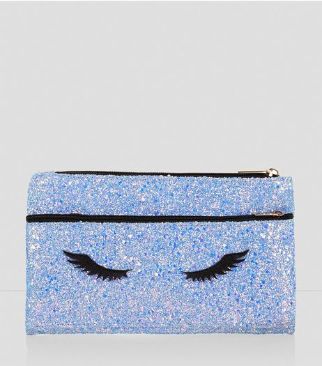 Turquioise Iridescent Glitter Eylash Applique Pencil Case | New Look