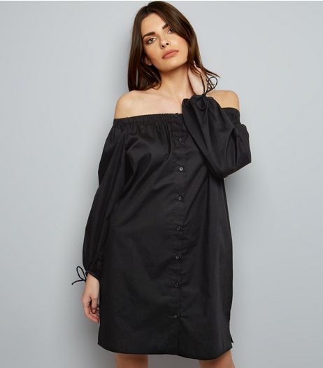 Black Button Front Bardot Neck Dress | New Look