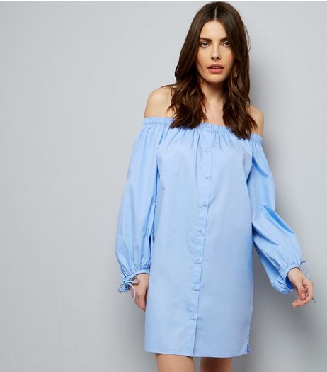 Pale Blue Button Front Bardot Neck Dress | New Look