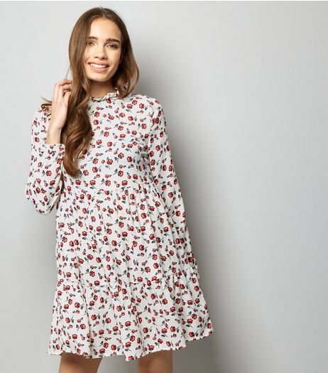 White Floral Long Sleeve Tiered Smock Dress | New Look