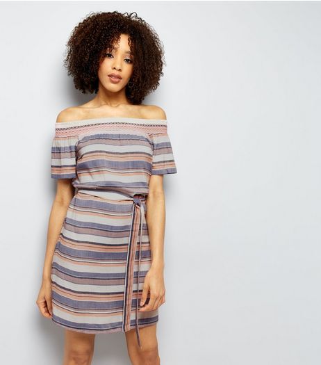 Blue Stripe Shirred Tie Waist Bardot Dress | New Look