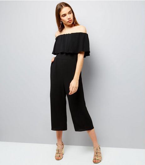Black Frill Trim Bardot Neck Culotte Jumpsuit | New Look