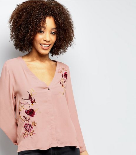 Pink Floral Embroidered V Neck Shirt | New Look