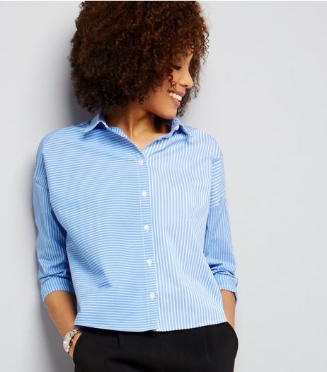 Blue Mixed Stripe Cropped Shirt | New Look