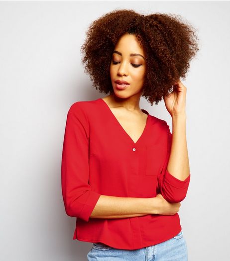 Dark Red V Neck 3/4 Sleeve Cropped Shirt | New Look