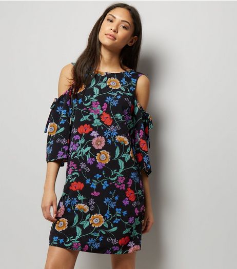 Black Floral Print Cold Shoulder Swing Dress | New Look