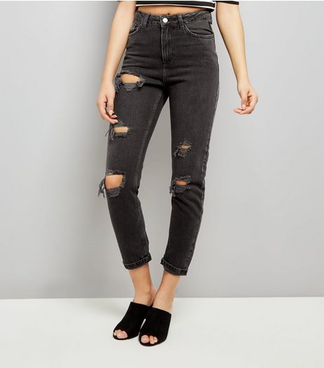 Black Ripped Acid Wash Mom Jeans | New Look