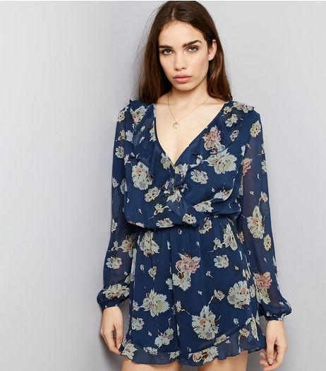 Blue Floral Print Chiffon Wrap Playsuit | New Look