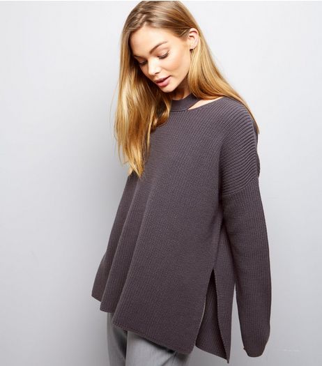 Dark Grey Cut Out Long Sleeve Jumper | New Look