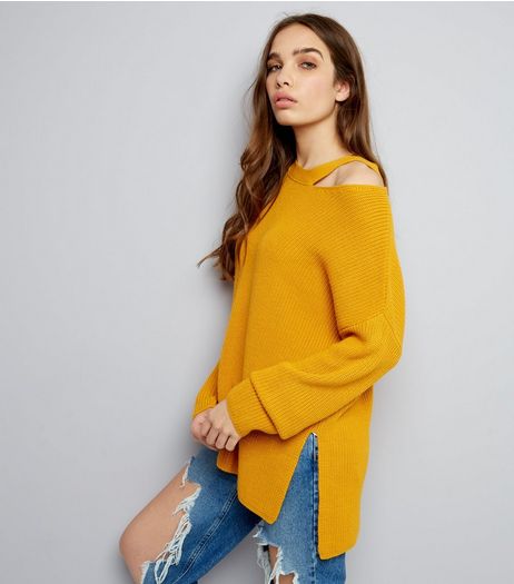 Yellow Ribbed Cut Out Neck Longline Jumper | New Look