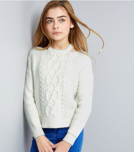 Teens Cream Cable Knit Cut Out Neck Jumper | New Look