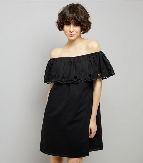 Black Frill Trim Bardot Neck Dress | New Look