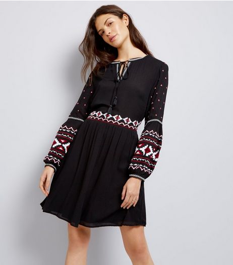 Black Embroidered Trim Smock Dress | New Look
