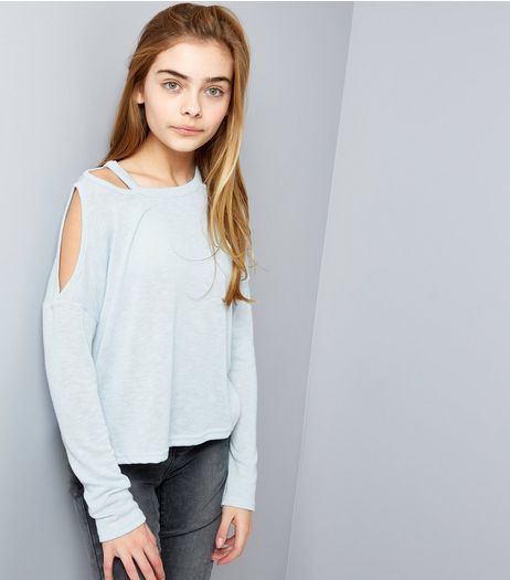 Teens Pale Blue Fine Knit Cut Out Cold Shoulder Top | New Look