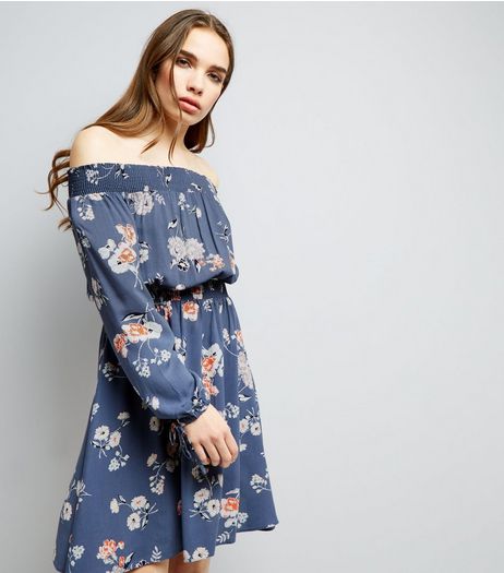 Blue Floral Print Long Sleeve Bardot Neck Dress | New Look