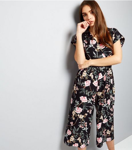Black Floral Print Wrap Front Culotte Jumpsuit | New Look