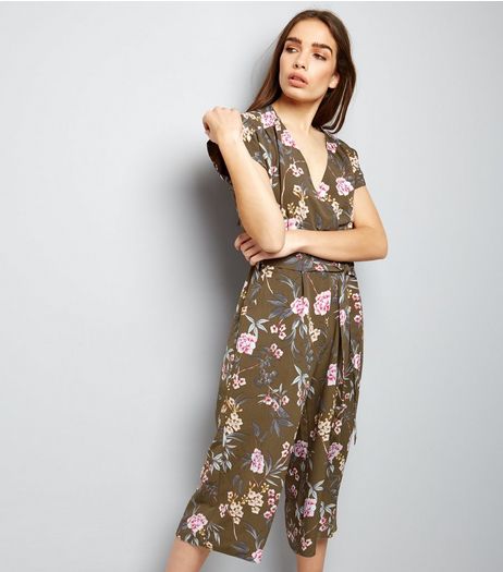 Green Floral Print Wrap Front Culotte Jumpsuit | New Look