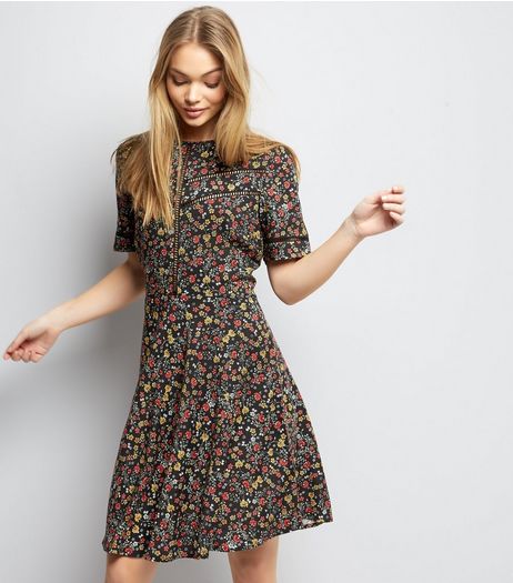 Black Ditsy Floral Print Ladder Trim Tea Dress | New Look