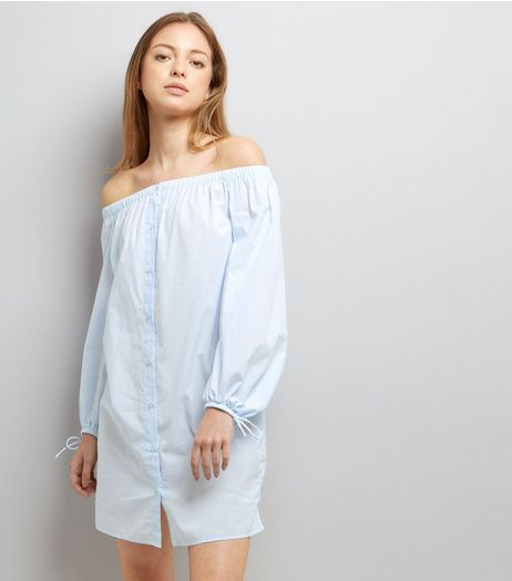 Blue Stripe Tie Sleeve Bardot Neck Shirt Dress | New Look