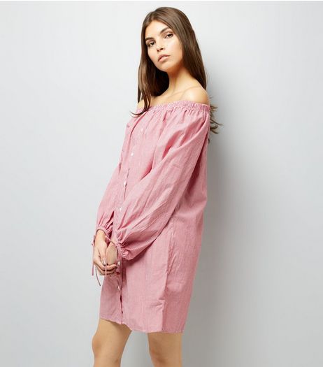 Red Stripe Tie Sleeve Bardot Neck Shirt Dress | New Look