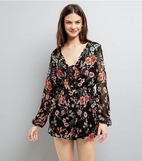 Black Floral Print Tie Waist Playsuit | New Look