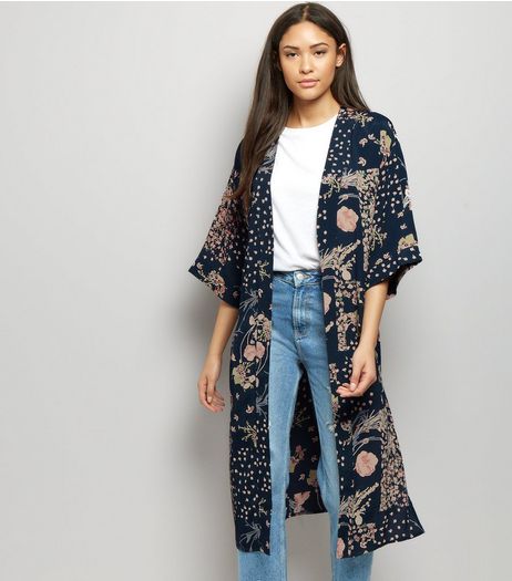 Blue Floral Print 3/4 Sleeve Kimono | New Look