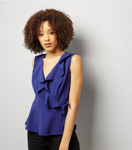 Blue Frill Trim Wrap Front Sleeveless Top | New Look