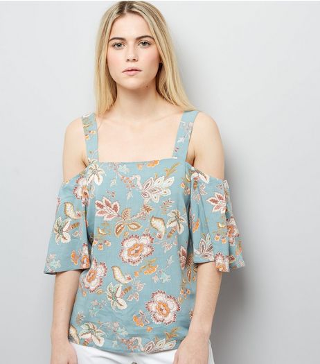 Pale Green Floral Print Cold Shoulder Top | New Look