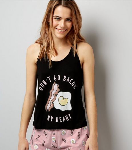 Black Don't Go Bacon My Heart Pyjama Set | New Look