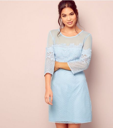 Pale Blue Mesh Lace Trim 3/4 Sleeve Mini Dress | New Look
