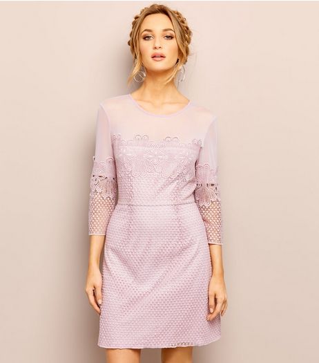 Lilac Mesh Lace Trim 3/4 Sleeve Mini Dress | New Look