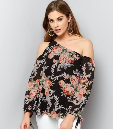 Black Floral Print Off the Shoulder Top | New Look