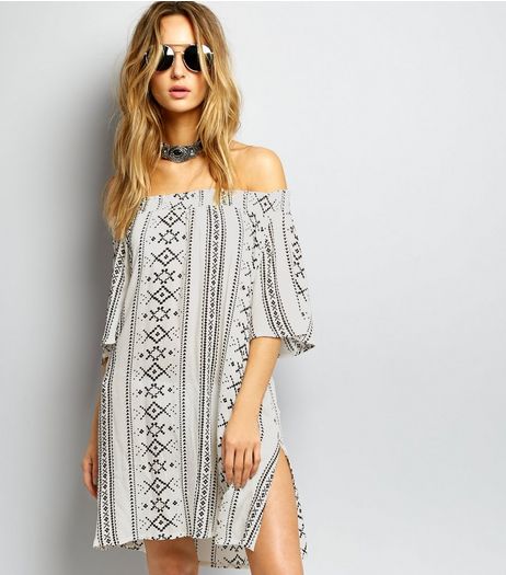 White Aztec Print Bardot Neck Dress | New Look