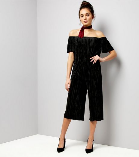 Black Plisse Bardot Layered Jumpsuit | New Look
