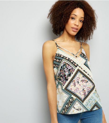 White Abstract Print Cut Out Trim Cami Top | New Look