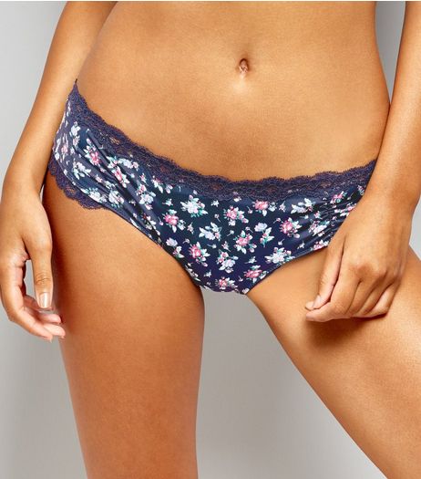 Navy Floral Ruched Side Short Briefs | New Look