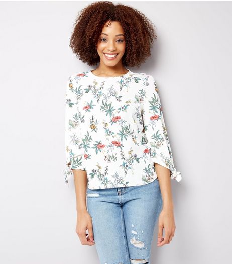 White Floral Print Tie Sleeve Top | New Look