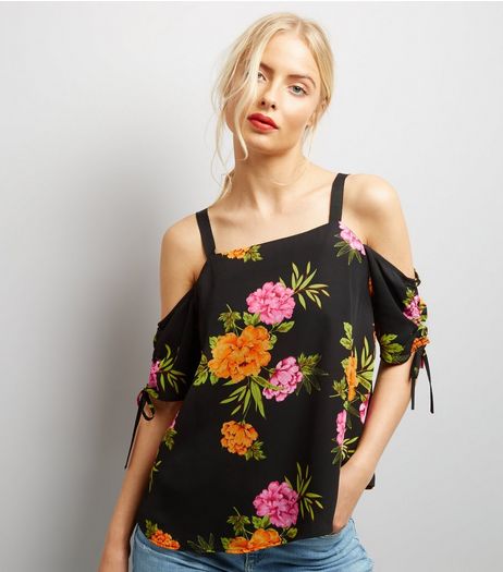 Black Floral Print Cold Shoulder Top | New Look