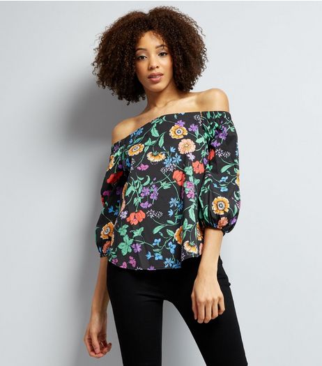Black Floral Print Bardot Top | New Look