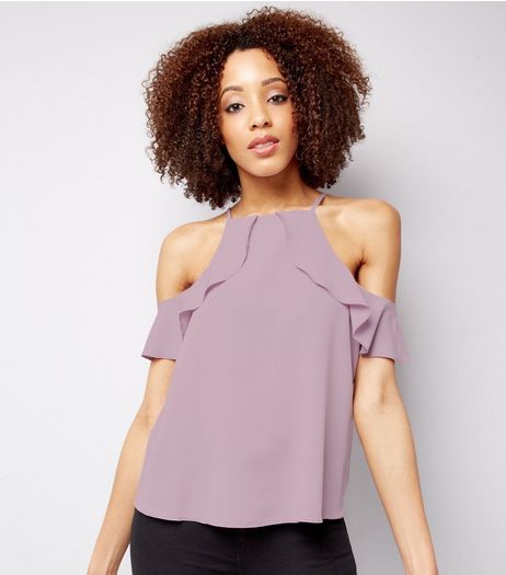 Lilac Frill Trim Cold Shoulder Top | New Look