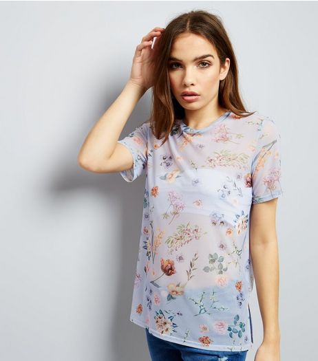 Lilac Mesh Floral Print T-Shirt | New Look