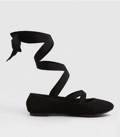 Teens Black Suedette Ankle Tie Ballet Pumps | New Look
