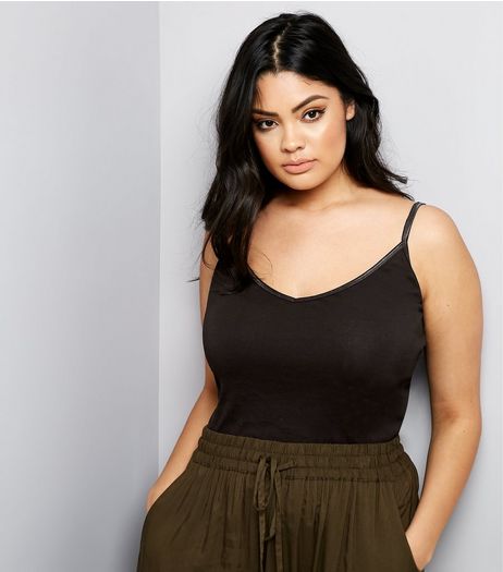 Curves Black Sateen Trim V Neck Cami | New Look