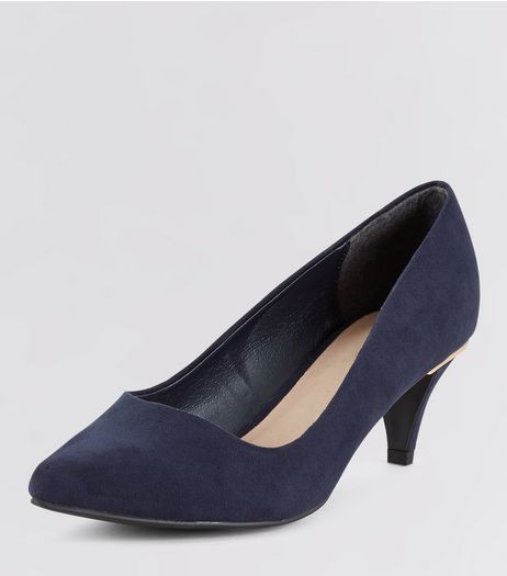 Wide Fit Navy Comfort Metal Trim Kitten Heels | New Look