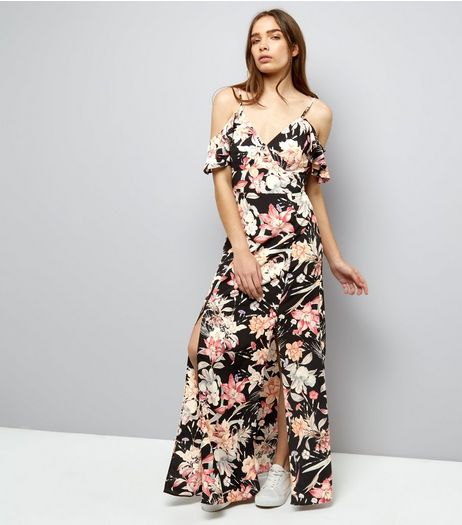 Black Floral Print Cold Shoulder Maxi Dress | New Look