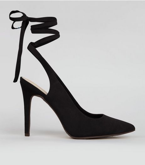Wide Fit Black Pointed Tie Up Heels | New Look