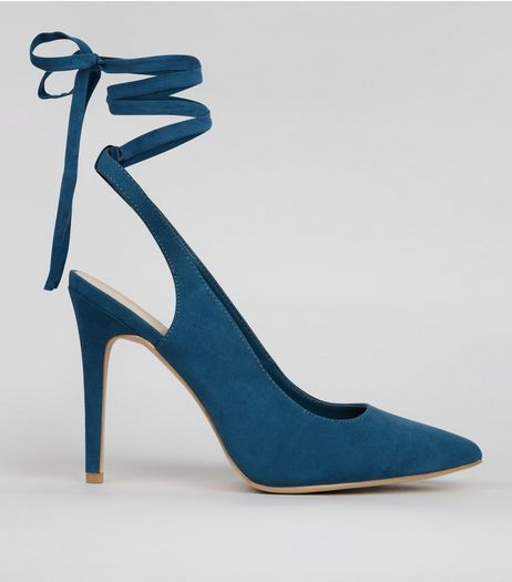 Wide Fit Blue Pointed Tie Up Heels | New Look